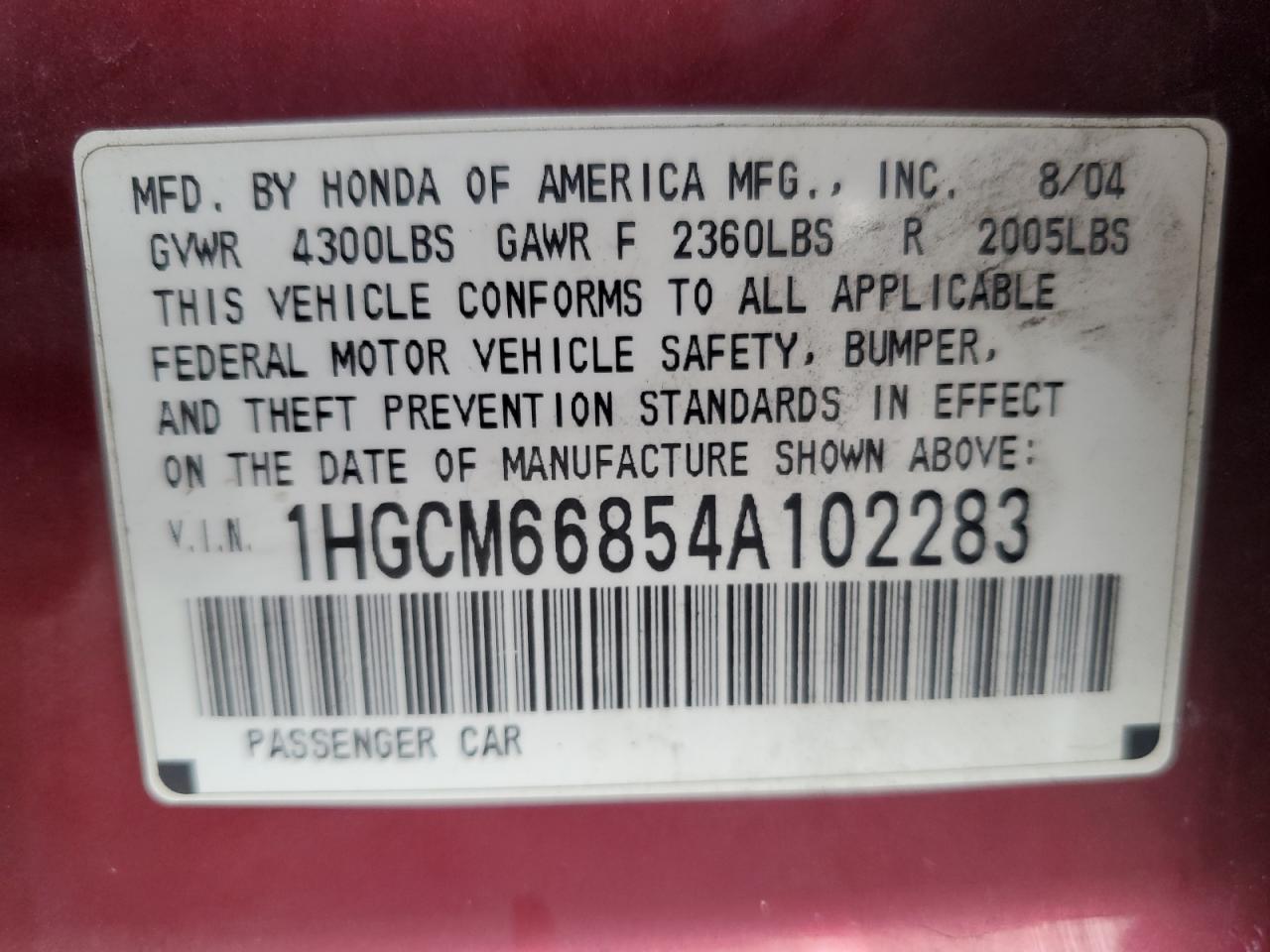 2004 Honda Accord Ex VIN: 1HGCM66854A102283 Lot: 85647415