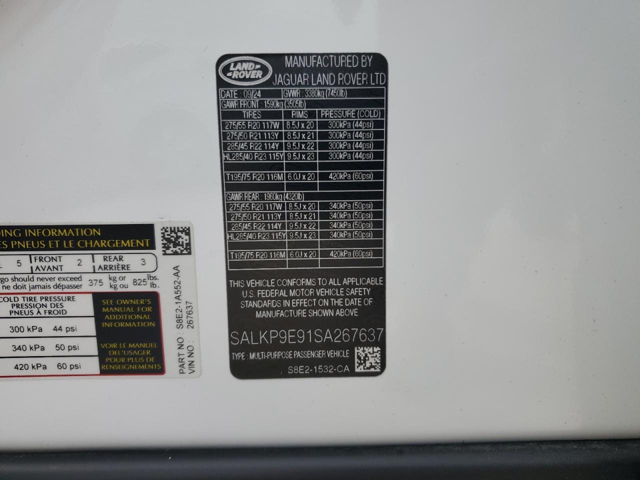 2025 Land Rover Range Rover Se VIN: SALKP9E91SA267637 Lot: 85765345