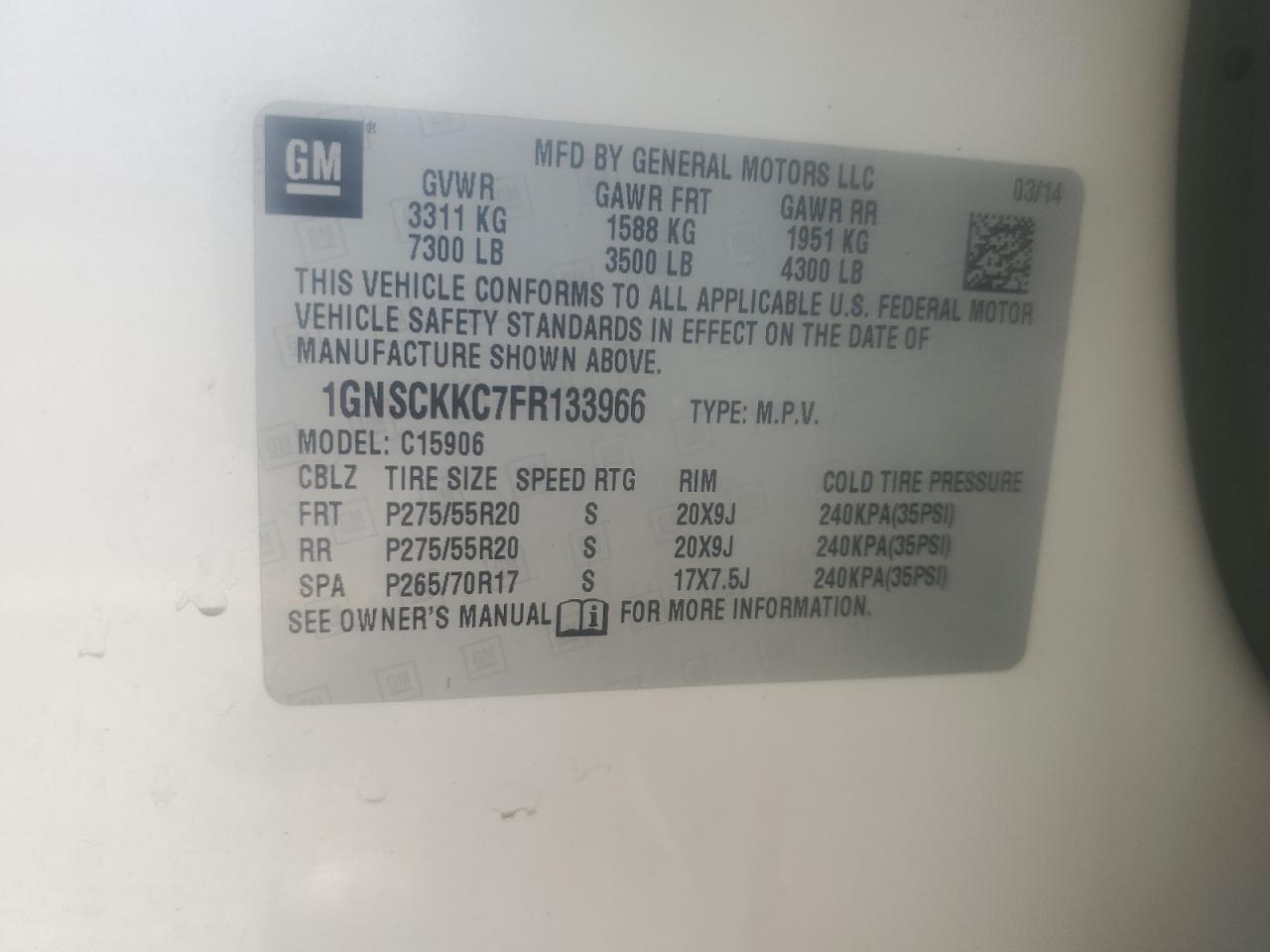 2015 Chevrolet Suburban C1500 Ltz VIN: 1GNSCKKC7FR133966 Lot: 84610905