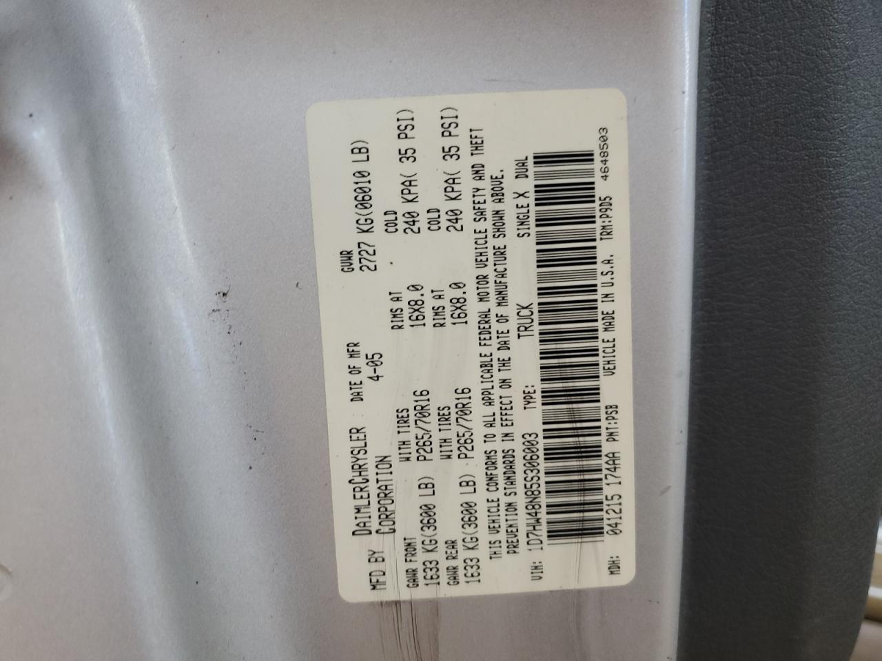 2005 Dodge Dakota Quad Slt VIN: 1D7HW48N85S306003 Lot: 86598565