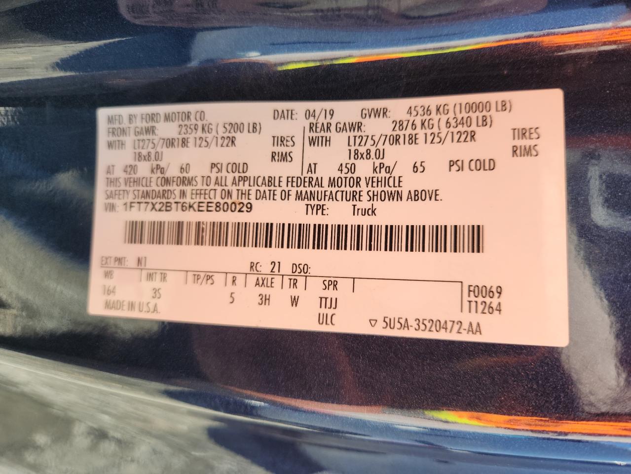 2019 Ford F250 Super Duty VIN: 1FT7X2BT6KEE80029 Lot: 90810985