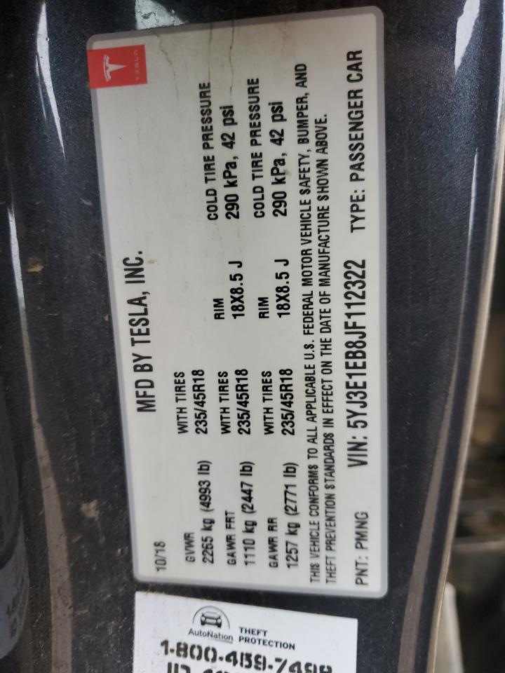2018 Tesla Model 3 VIN: 5YJ3E1EB8JF112322 Lot: 86712355