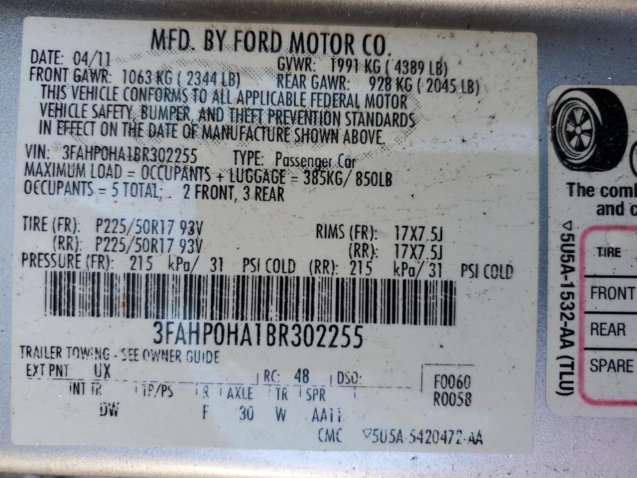 2011 Ford Fusion Se VIN: 3FAHP0HA1BR302255 Lot: 84984475