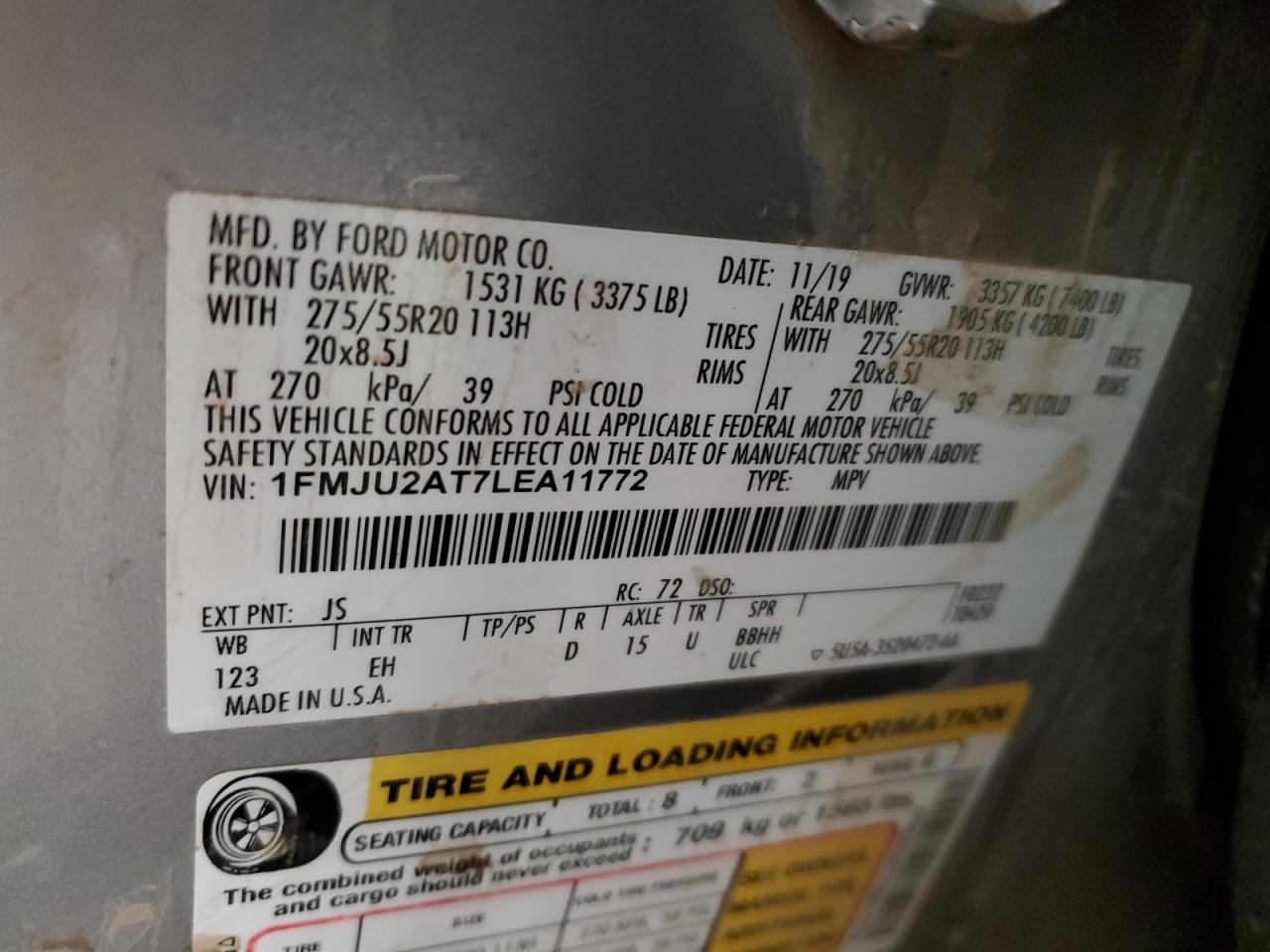 2020 Ford Expedition Limited VIN: 1FMJU2AT7LEA11772 Lot: 85373815