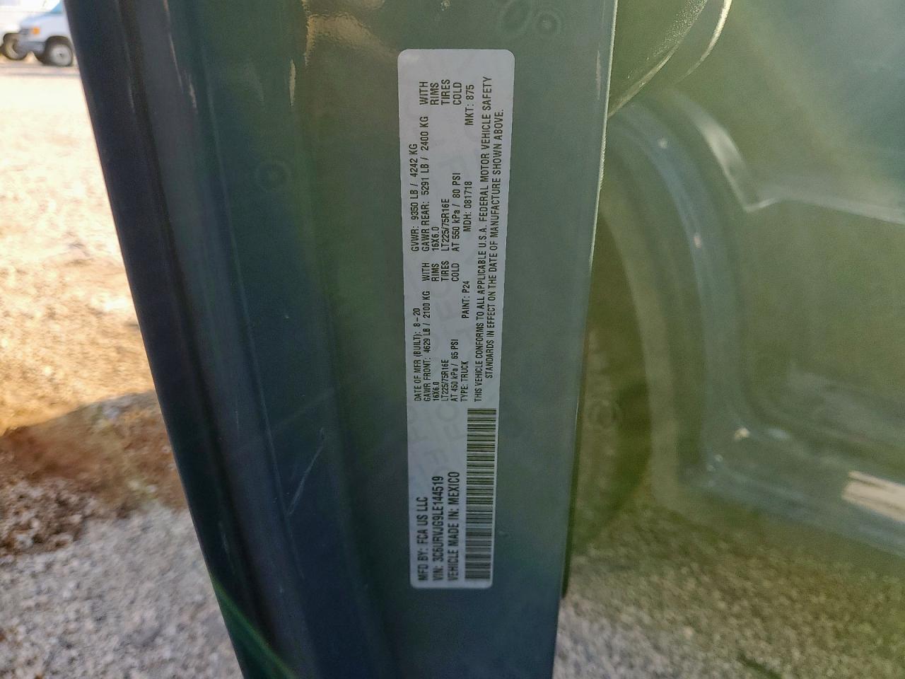 2020 Ram Promaster 3500 3500 High VIN: 3C6URVJG9LE144519 Lot: 85677685