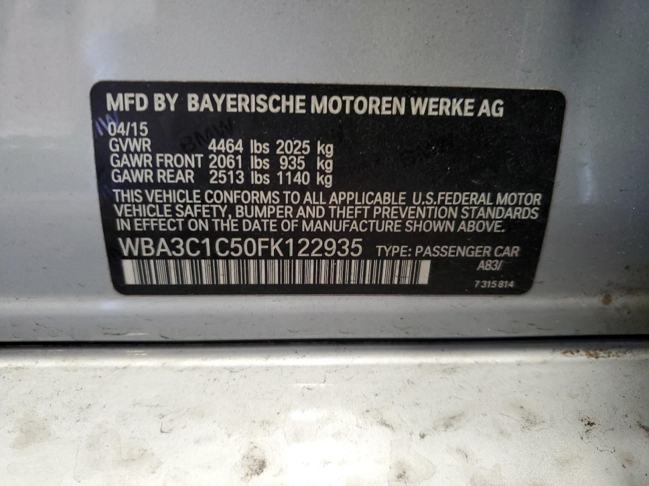 2015 BMW 328 I Sulev VIN: WBA3C1C50FK122935 Lot: 85341405