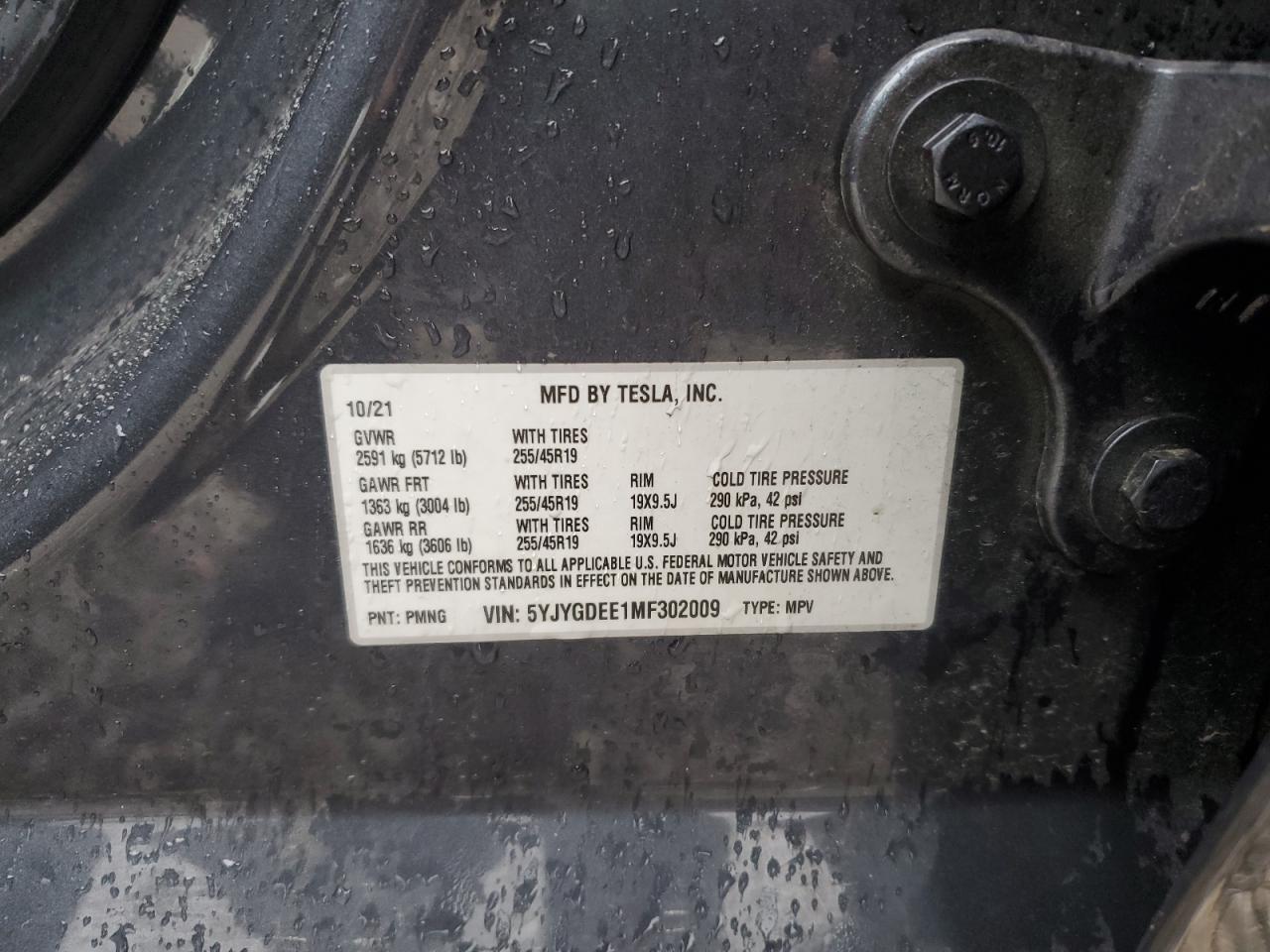 2021 Tesla Model Y VIN: 5YJYGDEE1MF302009 Lot: 90508805