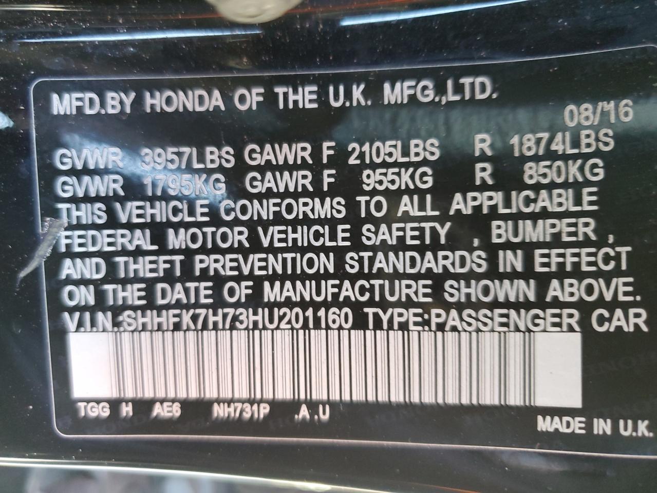 2017 Honda Civic Exl VIN: SHHFK7H73HU201160 Lot: 82440715