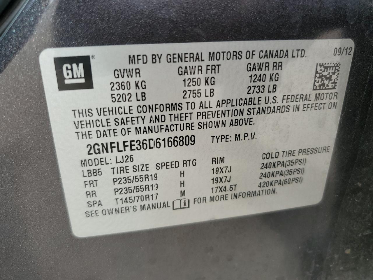 2013 Chevrolet Equinox Ltz VIN: 2GNFLFE36D6166809 Lot: 81918675