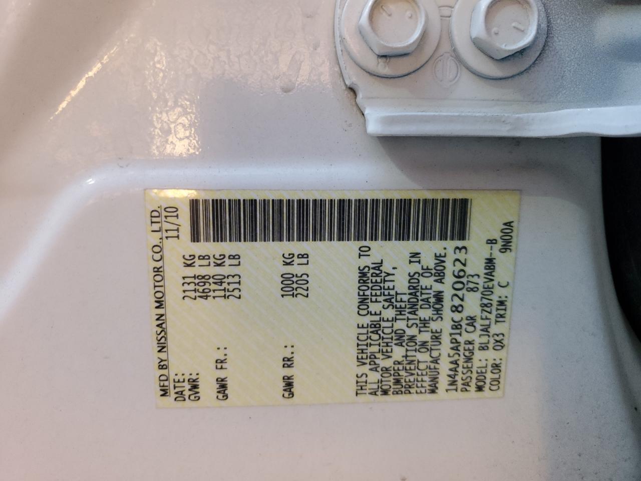 2011 Nissan Maxima S VIN: 1N4AA5AP1BC820623 Lot: 86147195