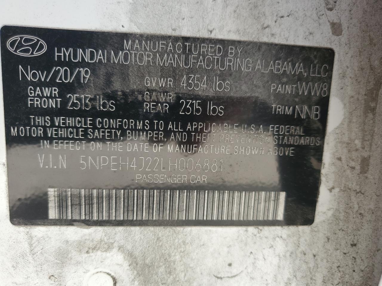 2020 Hyundai Sonata Limited VIN: 5NPEH4J22LH006881 Lot: 85750995