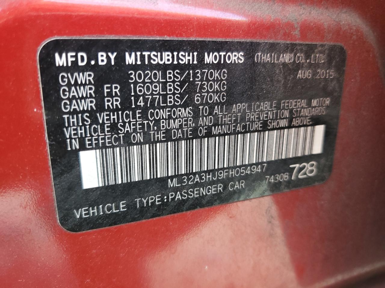 2015 Mitsubishi Mirage De VIN: ML32A3HJ9FH054947 Lot: 82464635