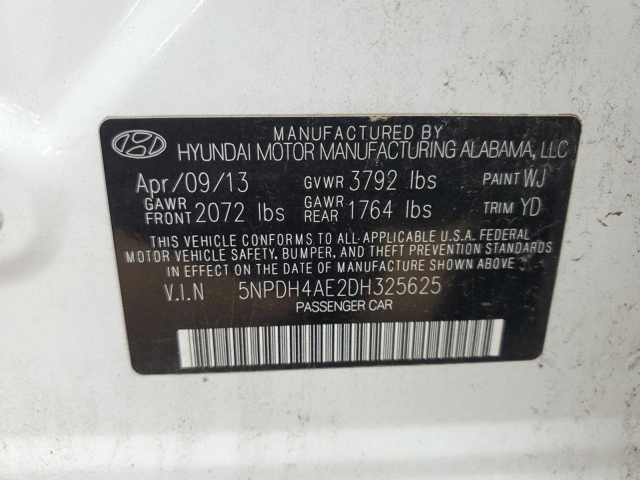 2013 Hyundai Elantra Gls VIN: 5NPDH4AE2DH325625 Lot: 81827365