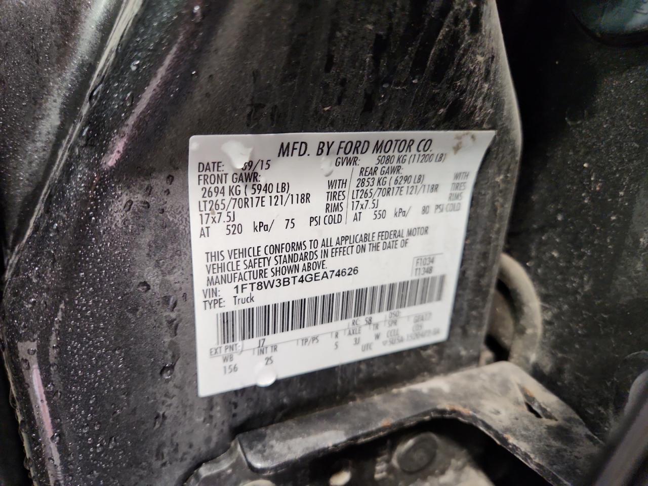 2016 Ford F350 Super Duty VIN: 1FT8W3BT4GEA74626 Lot: 85542165