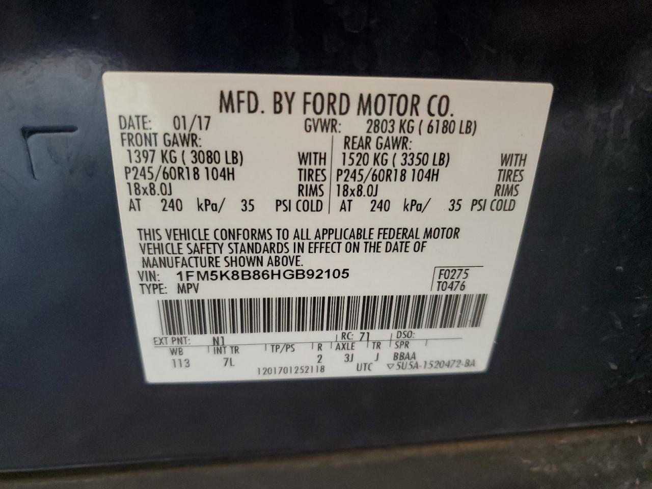 2017 Ford Explorer VIN: 1FM5K8B86HGB92105 Lot: 85536885