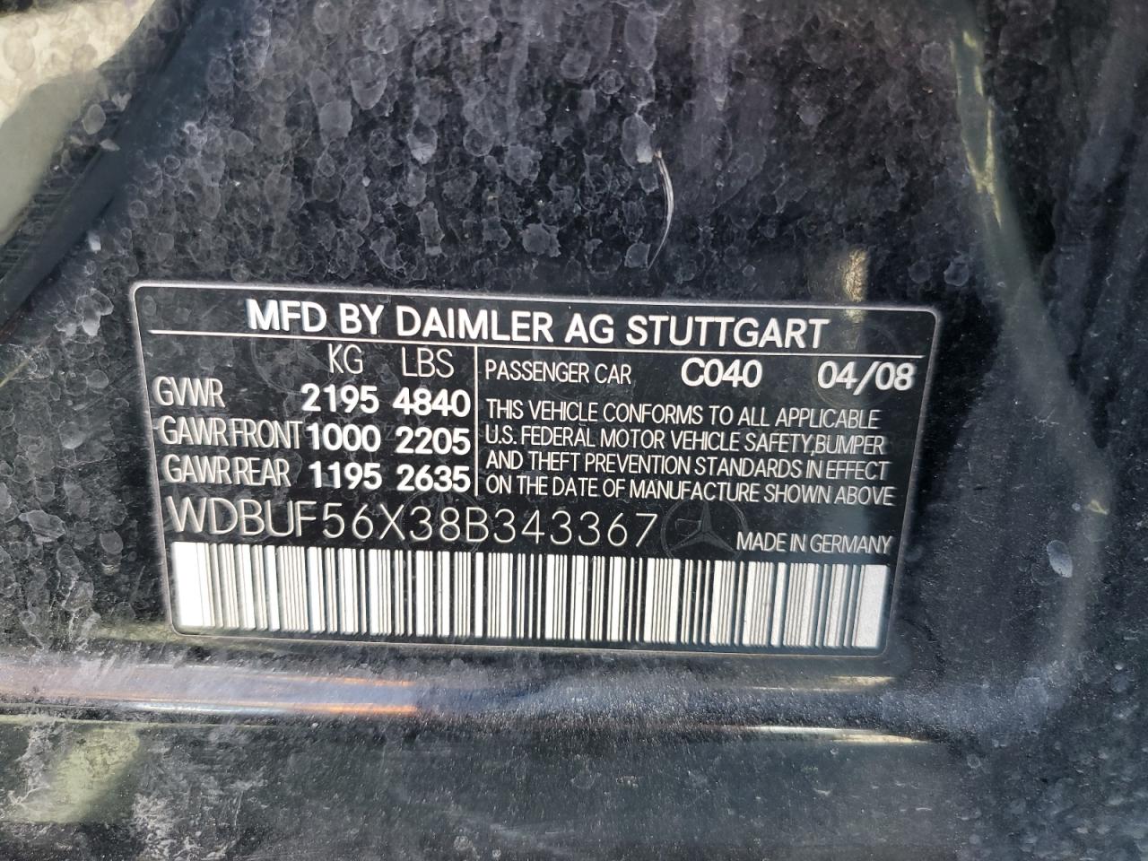 2008 Mercedes-Benz E 350 VIN: WDBUF56X38B343367 Lot: 85559905