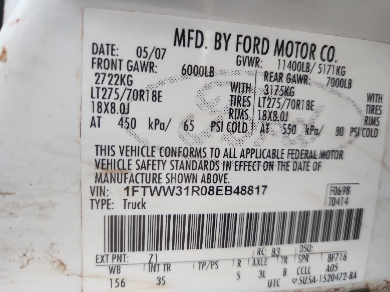 2008 Ford F350 Srw Super Duty VIN: 1FTWW31R08EB48817 Lot: 86838605