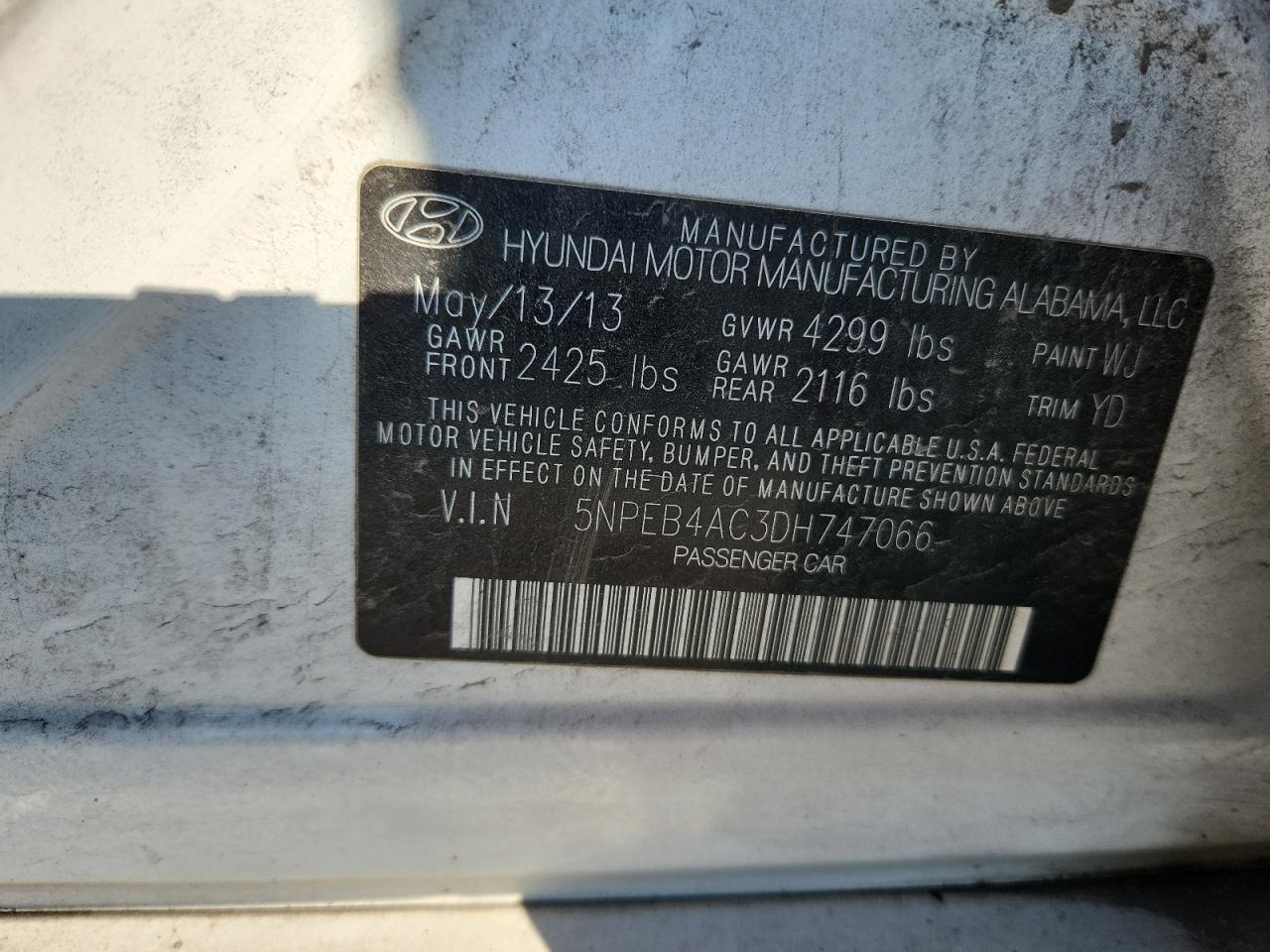 2013 Hyundai Sonata Gls VIN: 5NPEB4AC3DH747066 Lot: 81892995