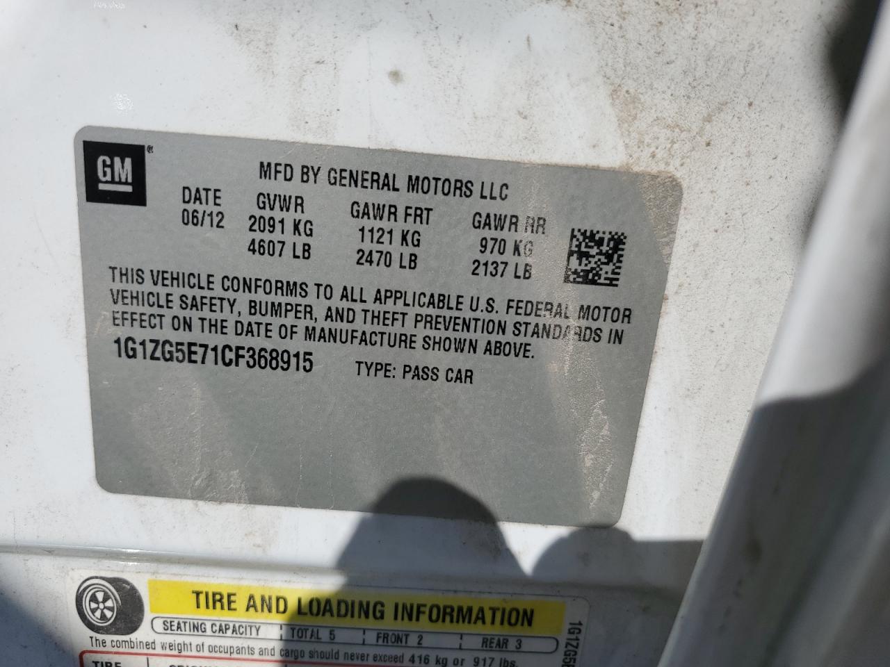 2012 Chevrolet Malibu Ltz VIN: 1G1ZG5E71CF368915 Lot: 85496705