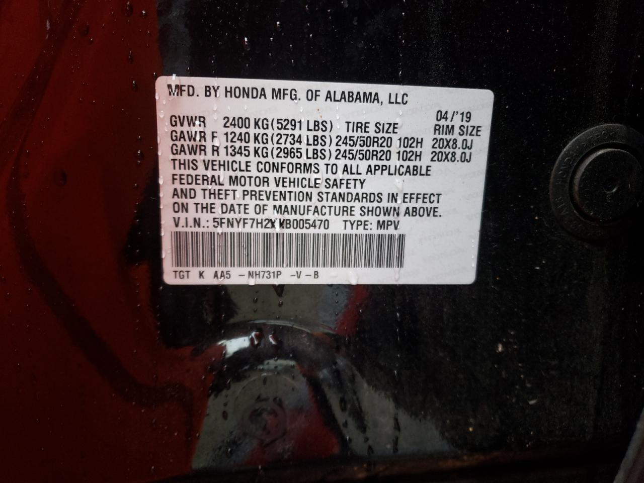 2019 Honda Passport Sport VIN: 5FNYF7H2XKB005470 Lot: 90452365