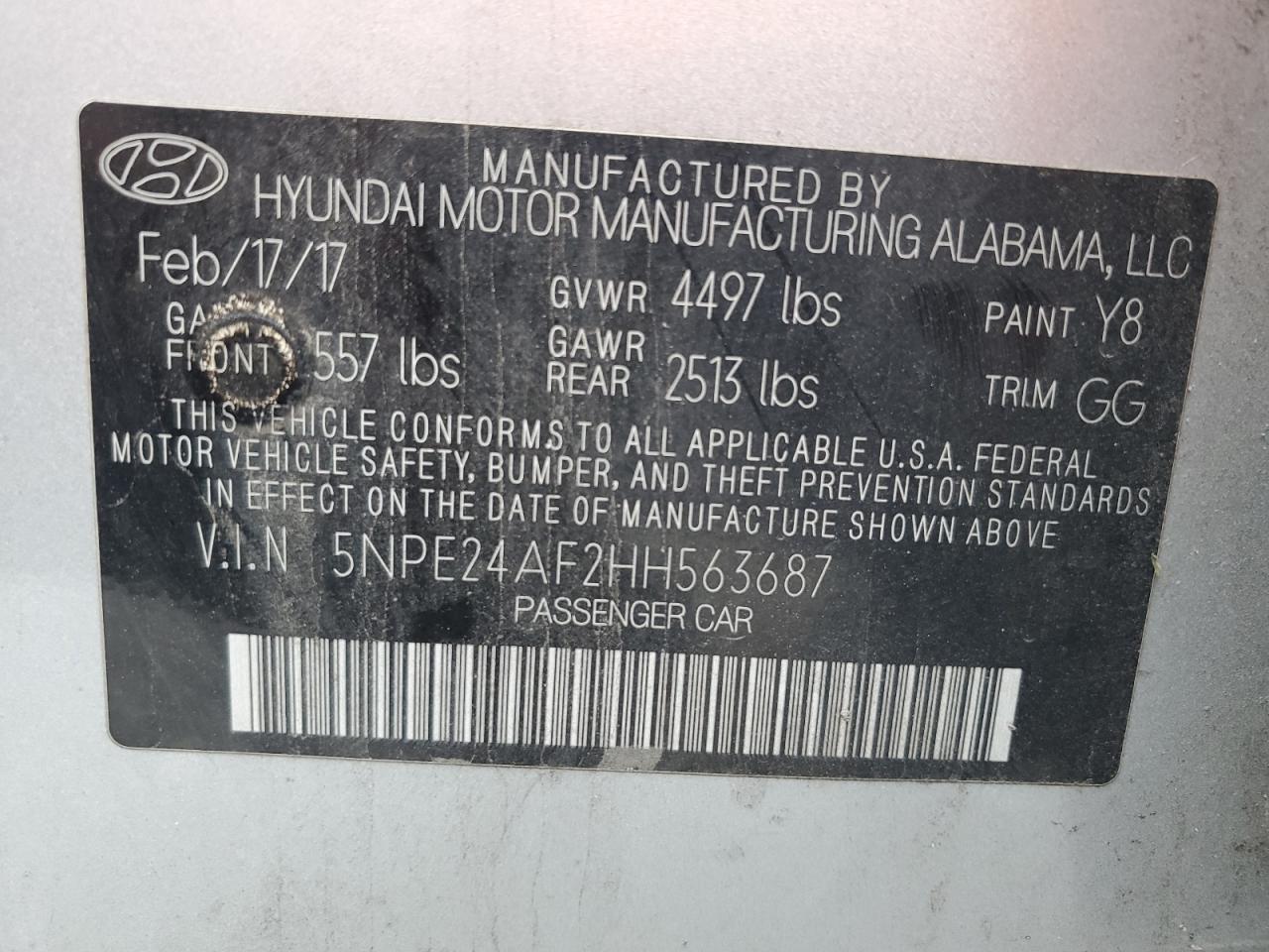 2017 Hyundai Sonata Se VIN: 5NPE24AF2HH563687 Lot: 86245175