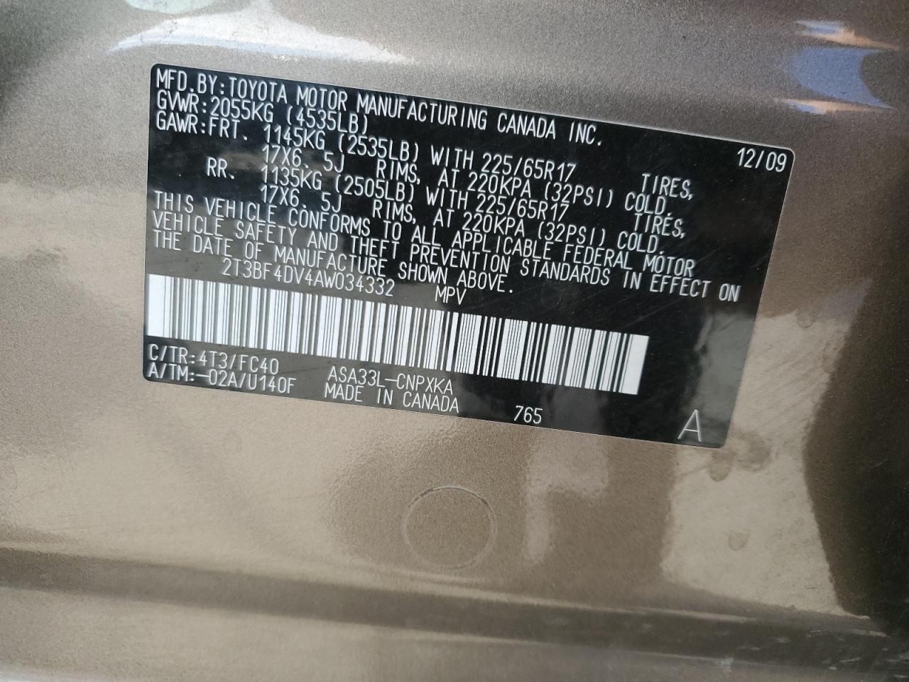 2010 Toyota Rav4 VIN: 2T3BF4DV4AW034332 Lot: 84926855