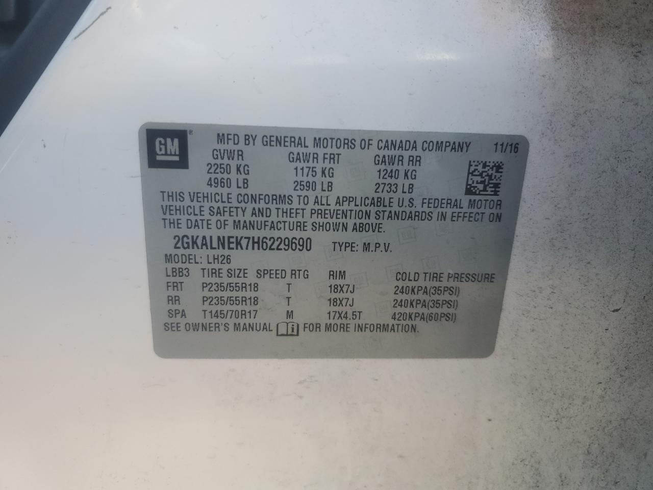 2017 GMC Terrain Sle VIN: 2GKALNEK7H6229690 Lot: 82441255