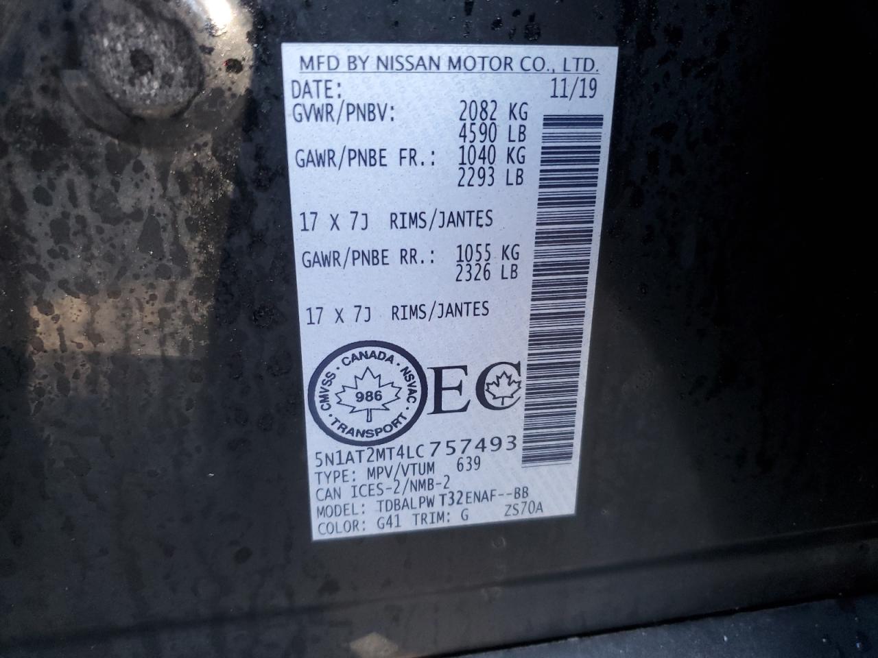 2020 Nissan Rogue S VIN: 5N1AT2MT4LC757493 Lot: 86491935