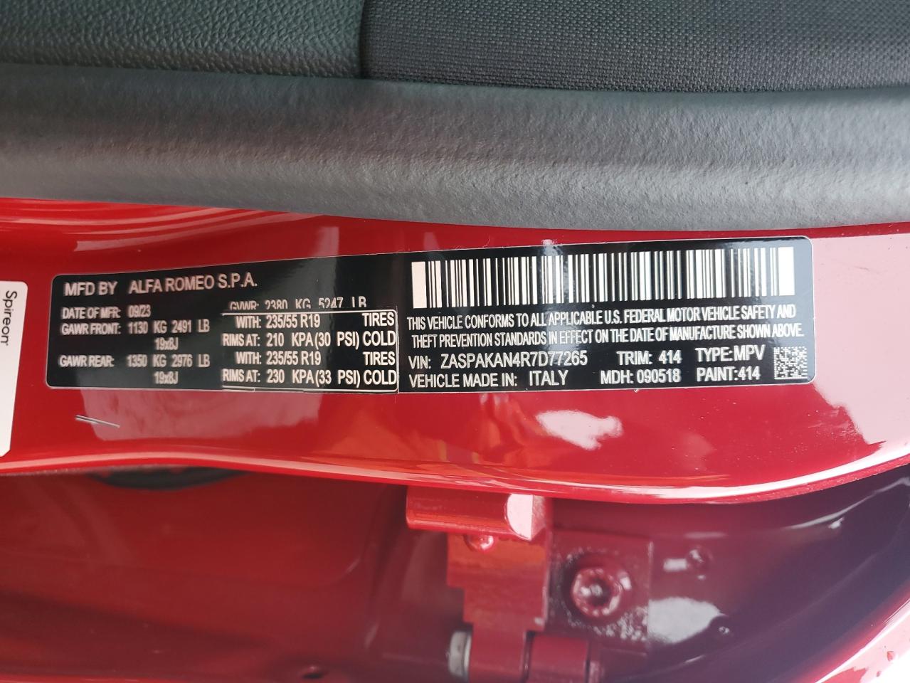 2024 Alfa Romeo Stelvio Sprint VIN: ZASPAKAN4R7D77265 Lot: 85761025