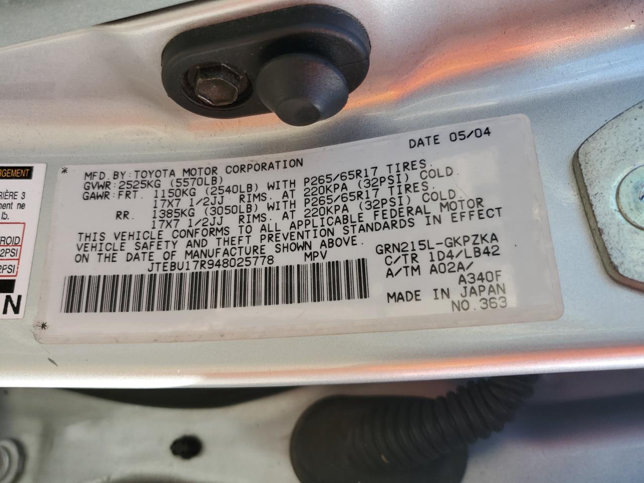 2004 Toyota 4Runner Limited VIN: JTEBU17R948025778 Lot: 84780955