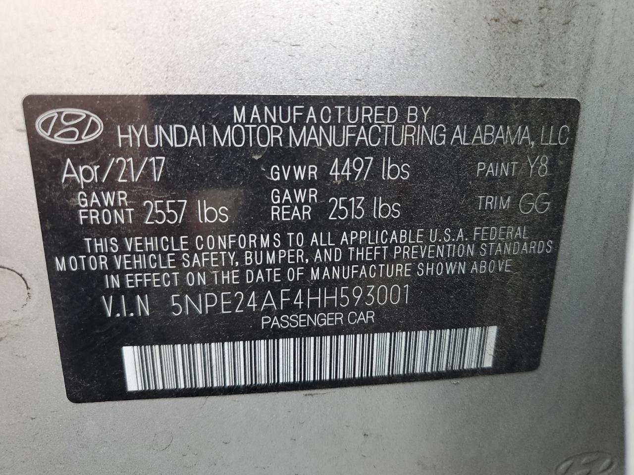 2017 Hyundai Sonata Se VIN: 5NPE24AF4HH593001 Lot: 82229285