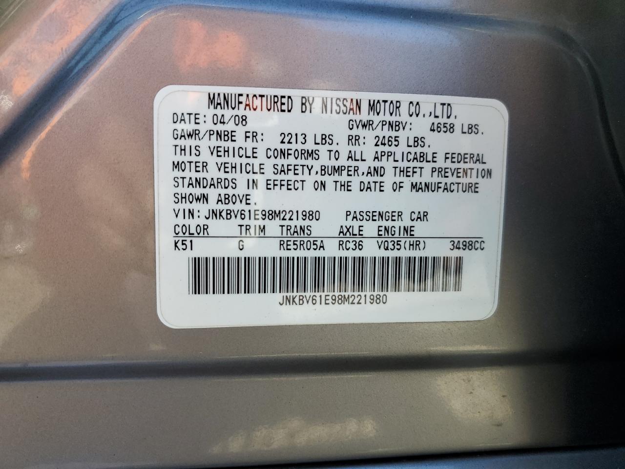 2008 Infiniti G35 VIN: JNKBV61E98M221980 Lot: 82572535