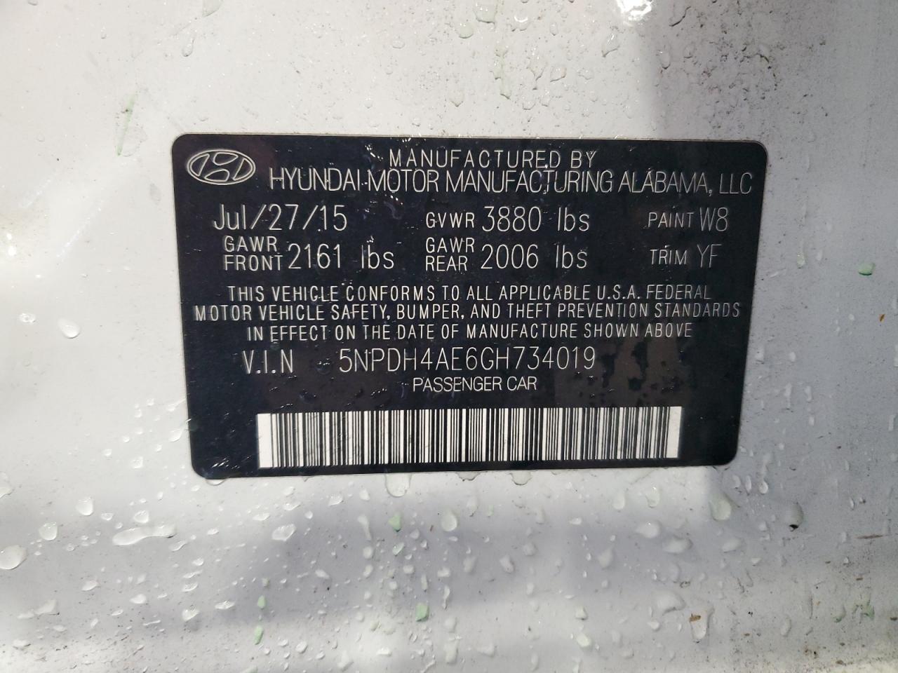 2016 Hyundai Elantra Se VIN: 5NPDH4AE6GH734019 Lot: 86255815