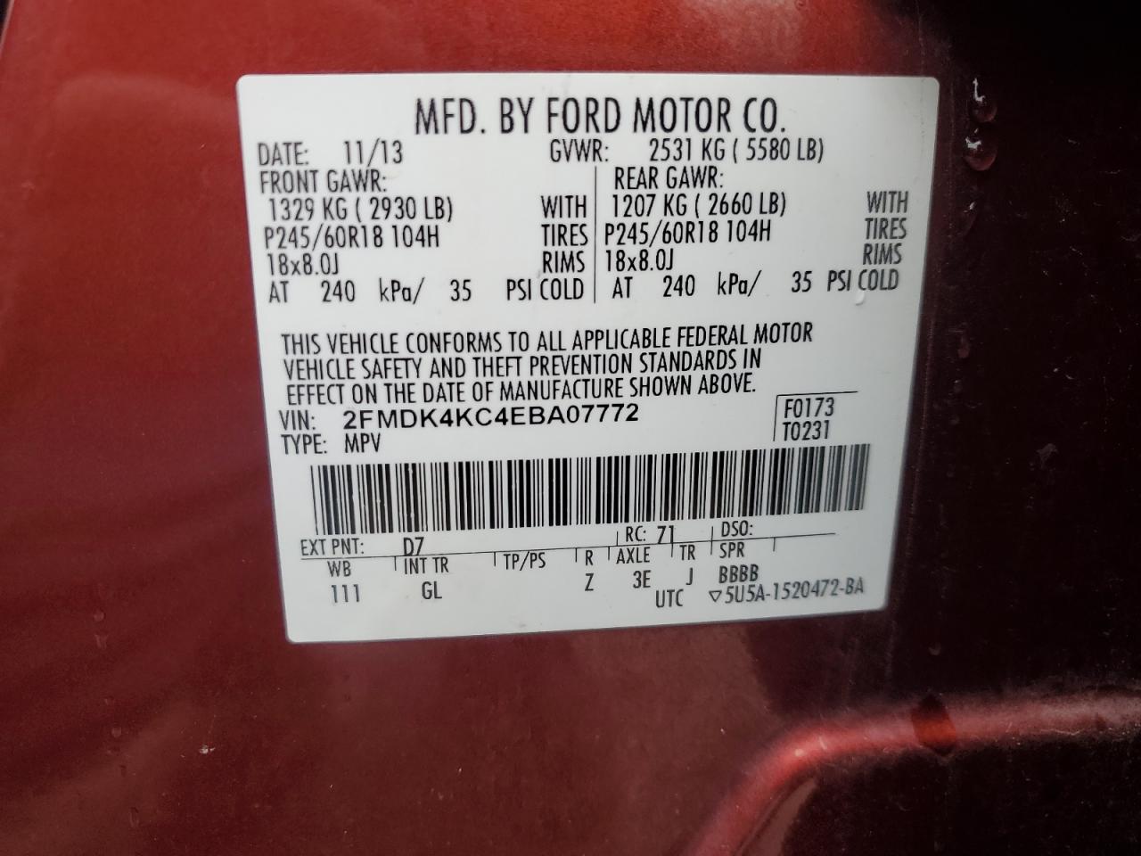 2014 Ford Edge Limited VIN: 2FMDK4KC4EBA07772 Lot: 90113335