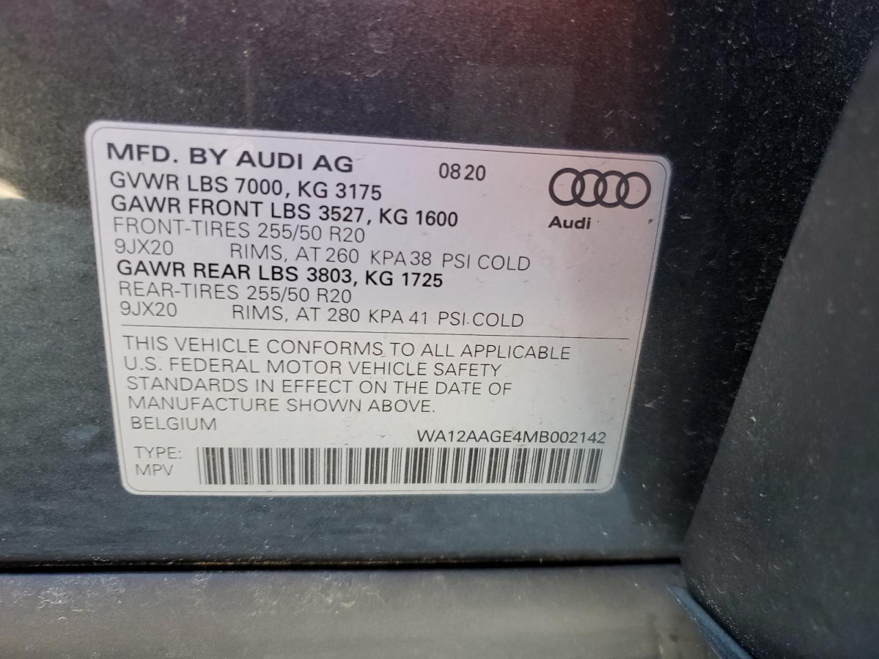 2021 Audi E-Tron Sportback Premium Plus VIN: WA12AAGE4MB002142 Lot: 87190635