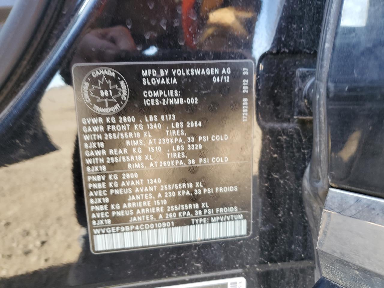 2012 Volkswagen Touareg V6 VIN: WVGEF9BP4CD010901 Lot: 89728035