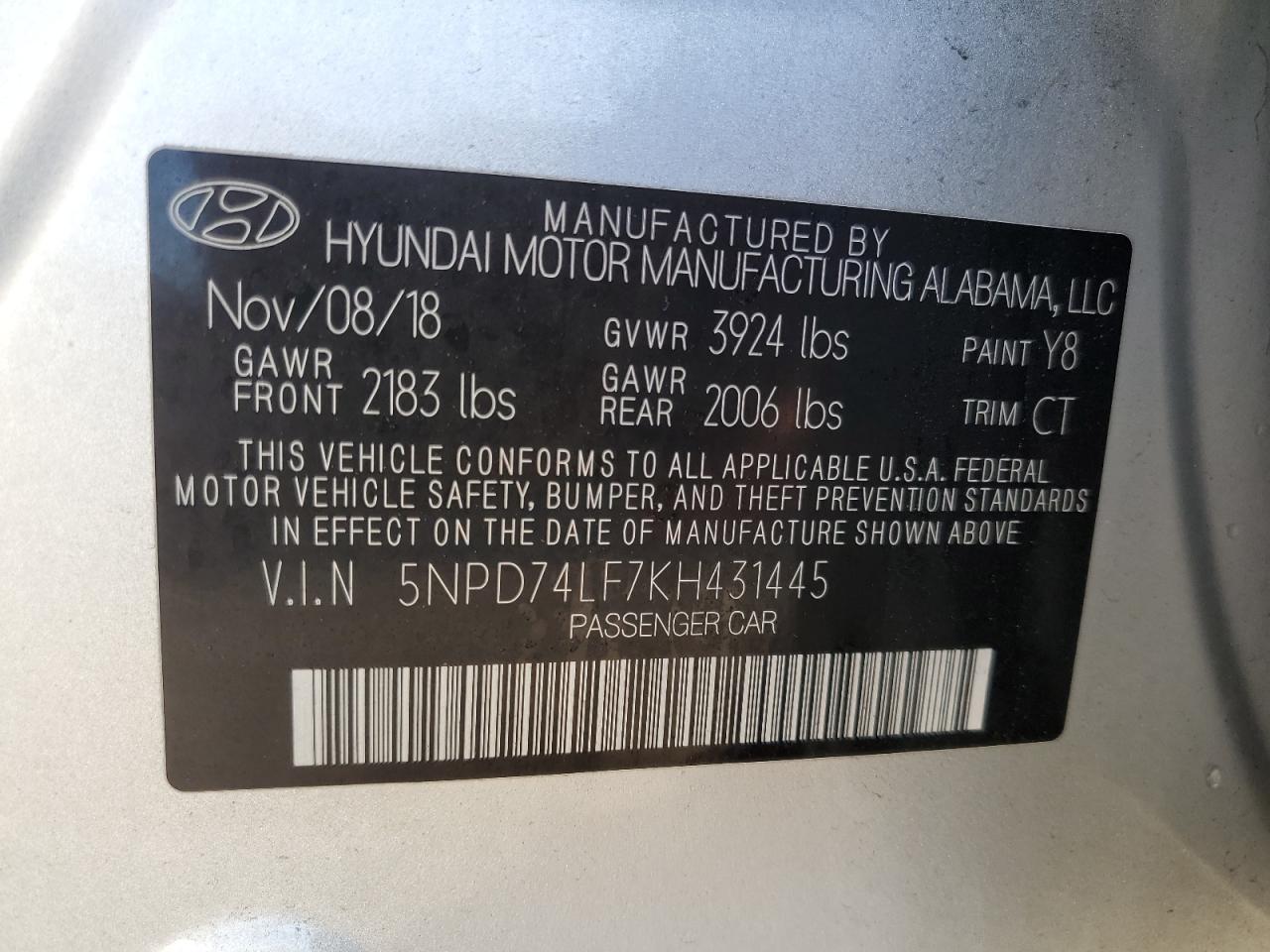 2019 Hyundai Elantra Se VIN: 5NPD74LF7KH431445 Lot: 86544905