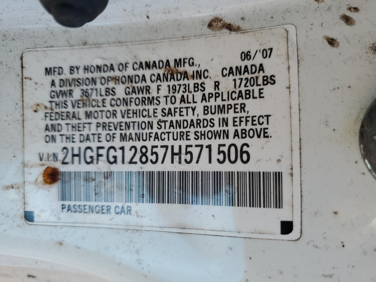 2007 Honda Civic Ex VIN: 2HGFG12857H571506 Lot: 86474315