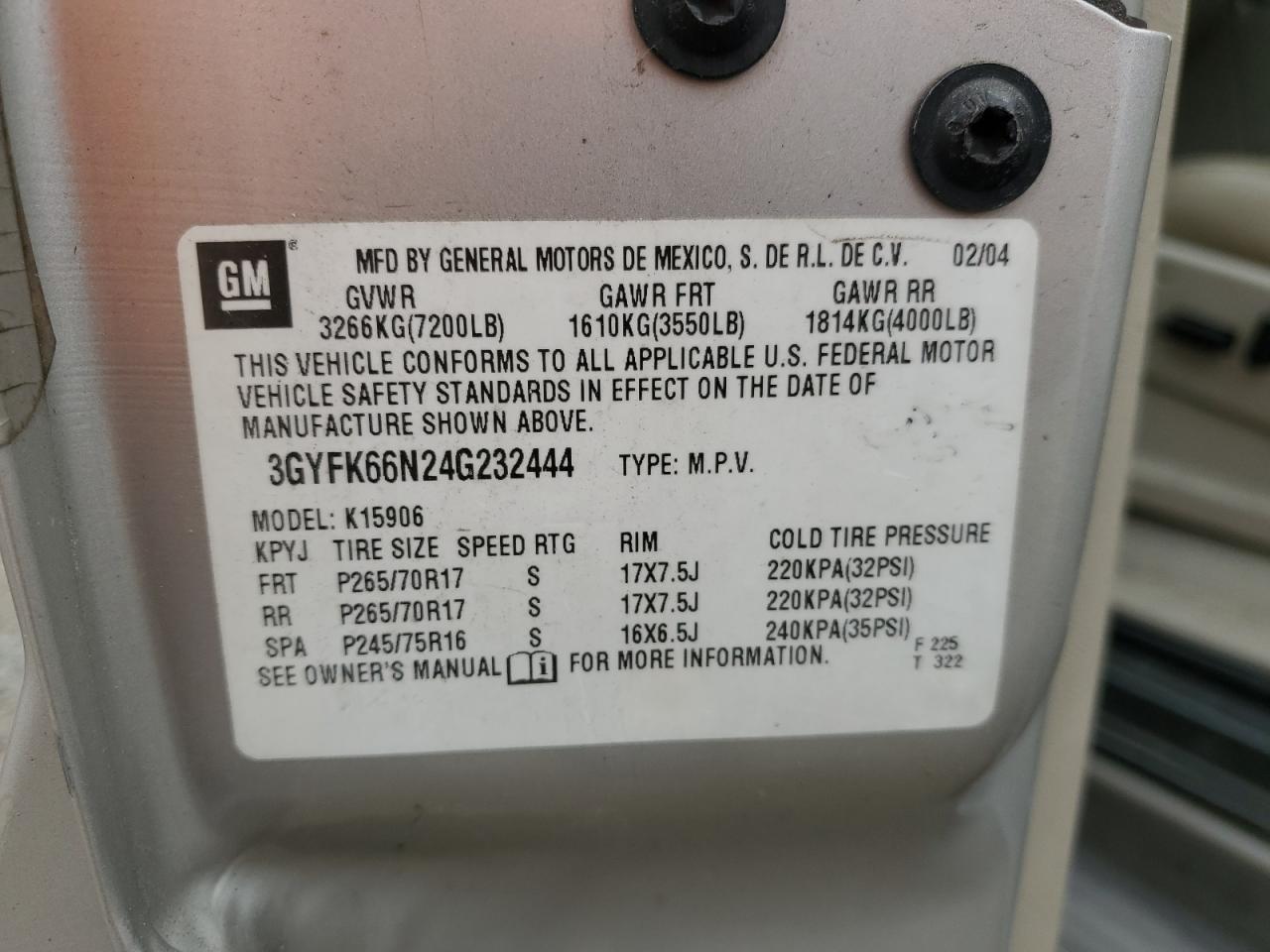 2004 Cadillac Escalade Esv VIN: 3GYFK66N24G232444 Lot: 86182975