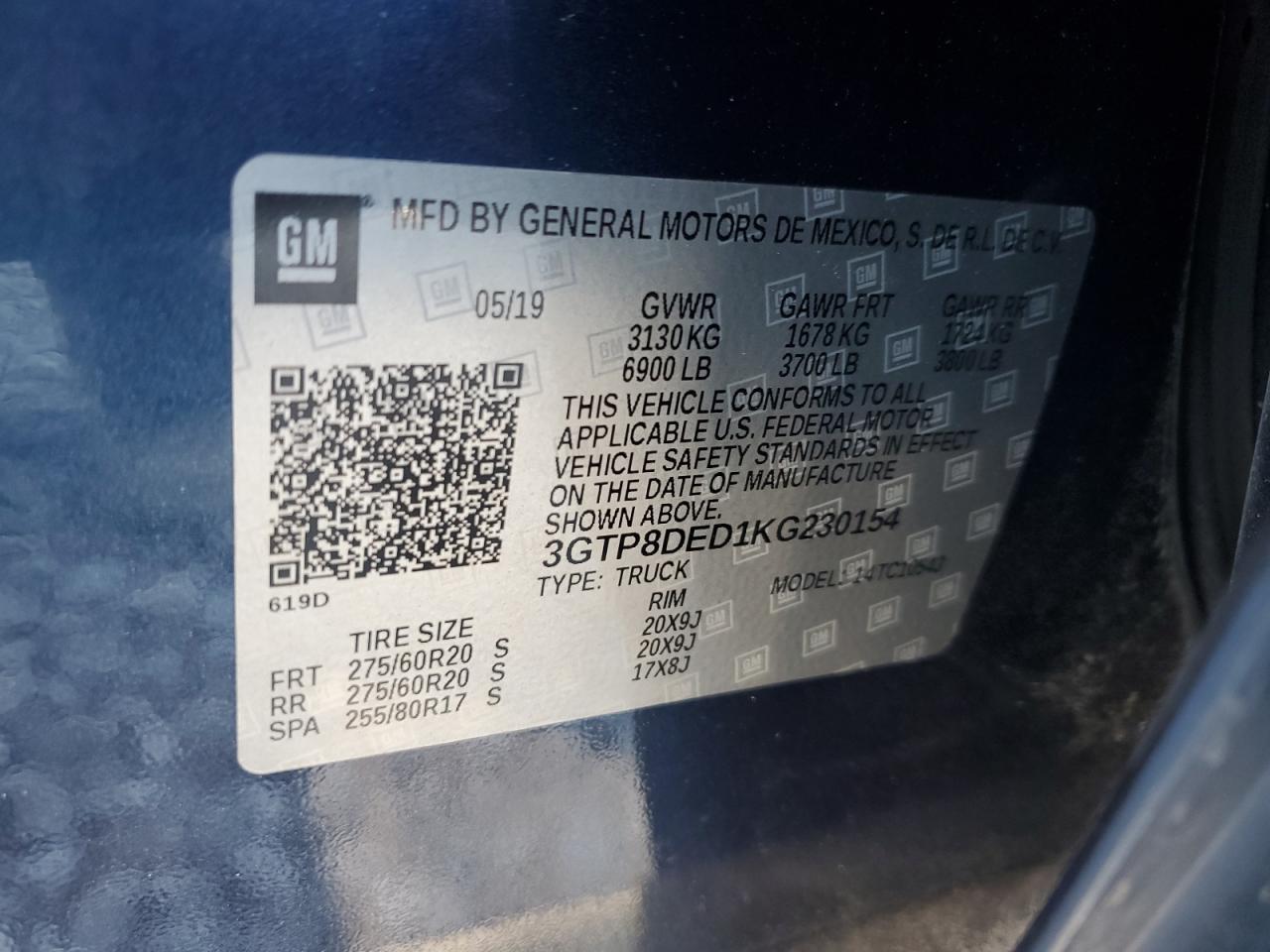 2019 GMC Sierra C1500 Slt VIN: 3GTP8DED1KG230154 Lot: 82471885