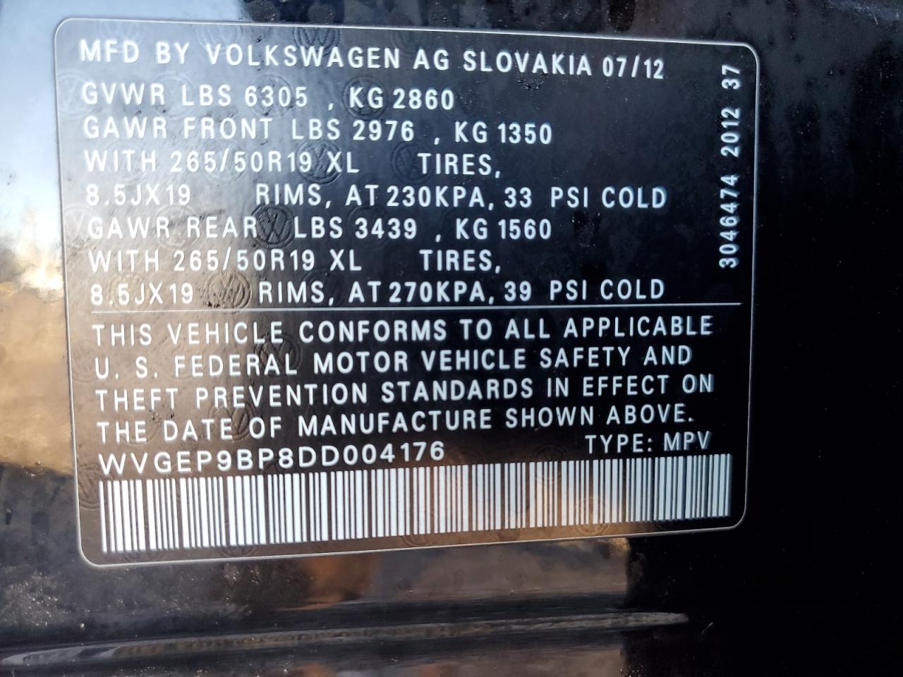 2013 Volkswagen Touareg V6 Tdi VIN: WVGEP9BP8DD004176 Lot: 87032895