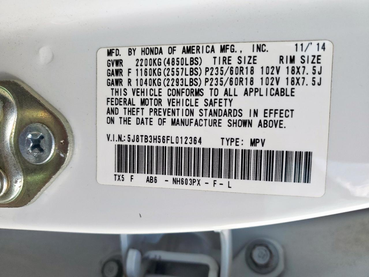 2015 Acura Rdx Technology VIN: 5J8TB3H56FL012364 Lot: 82188665