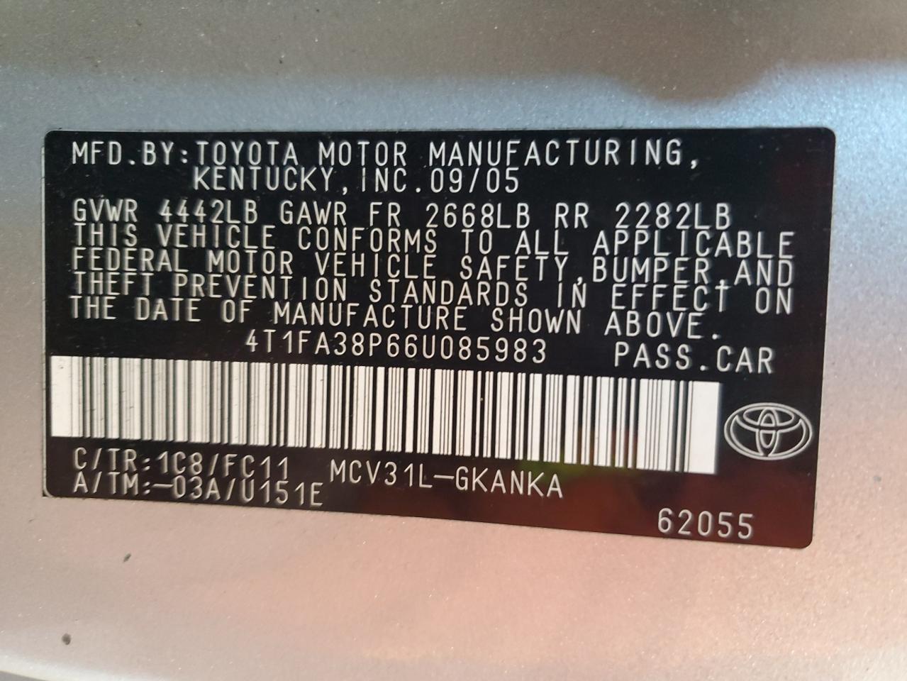 2006 Toyota Camry Solara Se VIN: 4T1FA38P66U085983 Lot: 85731485