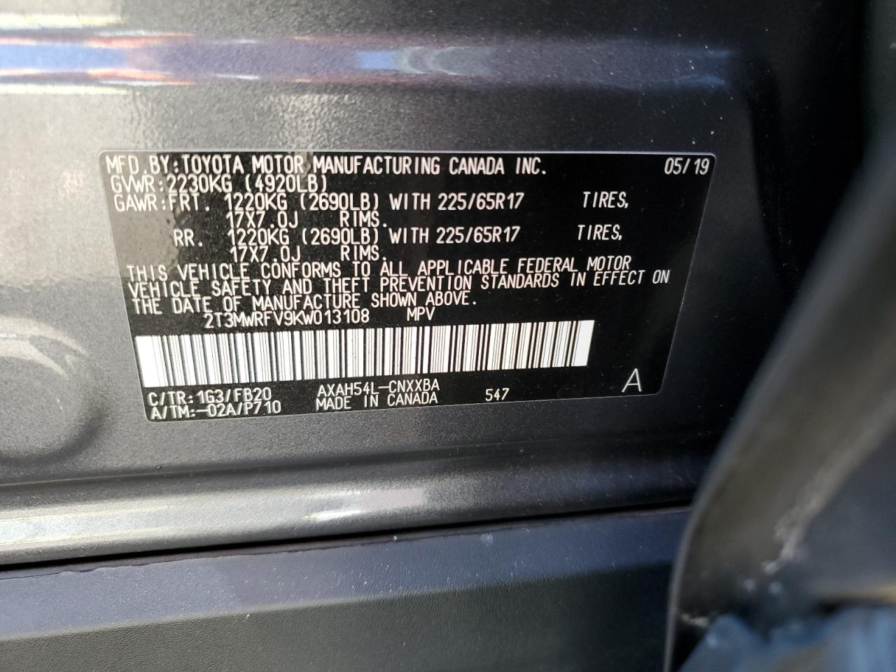 2019 Toyota Rav4 Le VIN: 2T3MWRFV9KW013108 Lot: 85719025