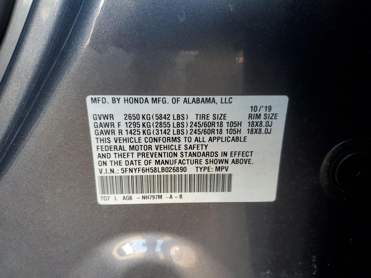 2020 Honda Pilot Exl VIN: 5FNYF6H58LB026890 Lot: 85585405