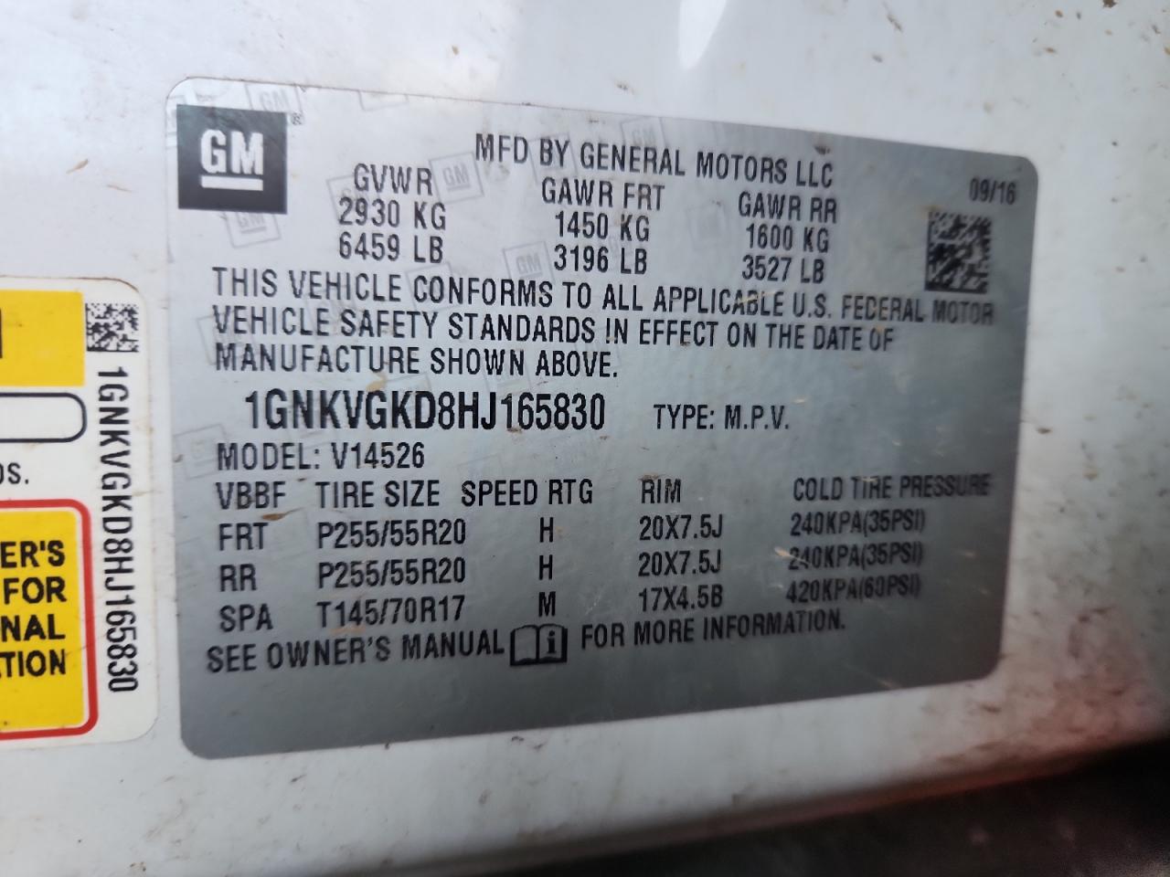 2017 Chevrolet Traverse Lt VIN: 1GNKVGKD8HJ165830 Lot: 85706975