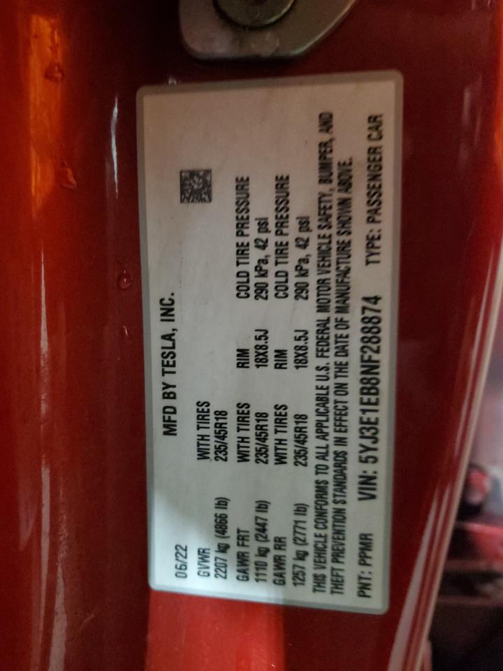 2022 Tesla Model 3 VIN: 5YJ3E1EB8NF288874 Lot: 87306765