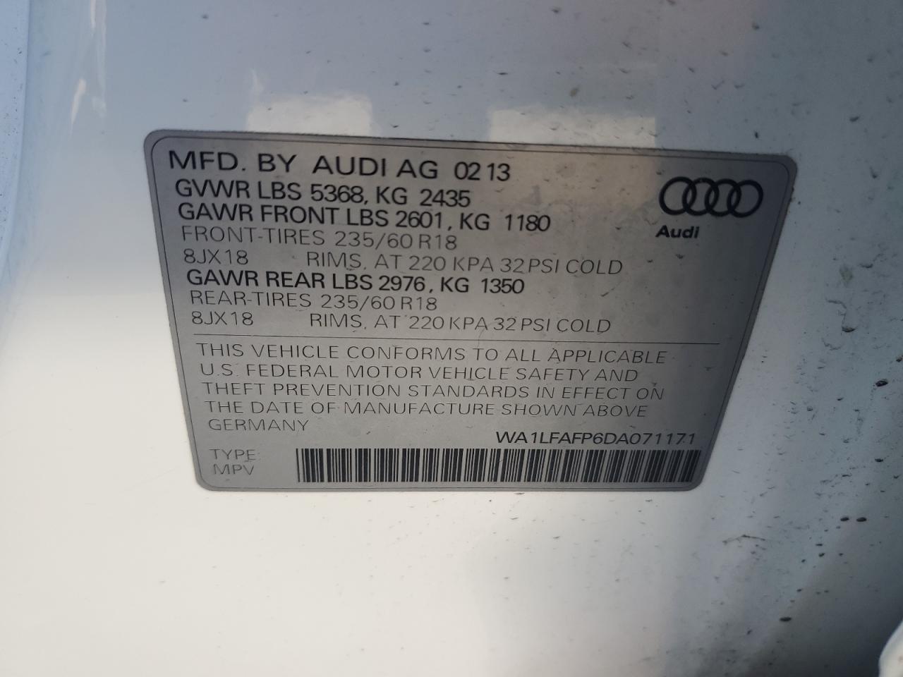 2013 Audi Q5 Premium Plus VIN: WA1LFAFP6DA071171 Lot: 85150905