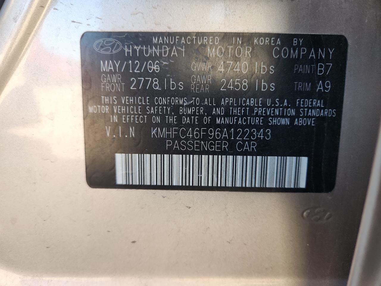 2006 Hyundai Azera Se VIN: KMHFC46F96A122343 Lot: 90639385