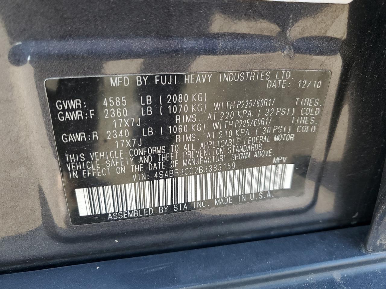 2011 Subaru Outback 2.5I Premium VIN: 4S4BRBCC2B3383159 Lot: 84726035